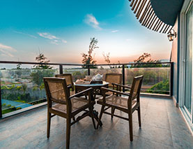 Balcony with panoramic sea view at Lotus Villa Mahabalipuram, ECR